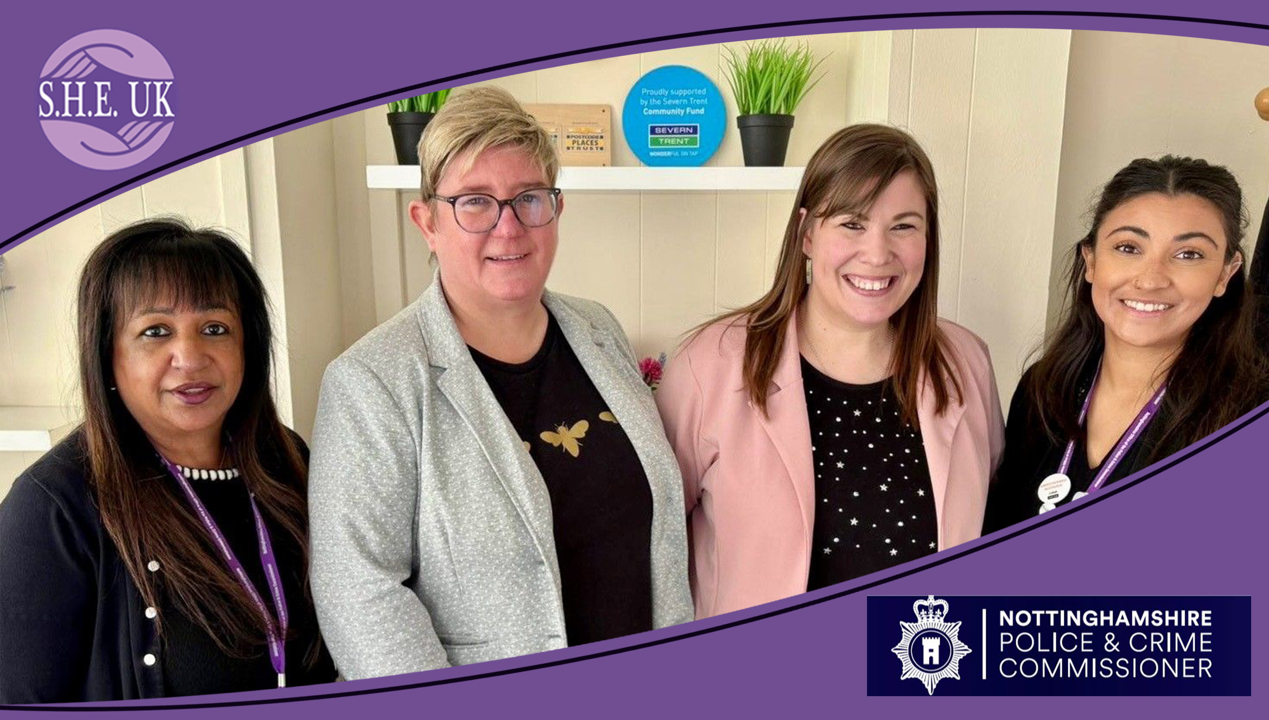Pictured (L-R): Angela Kandola (Deputy Police & Crime Commissioner), Lisa Lenton (CEO, S.H.E. UK), Rachael Cumberland (Operations Manager, S.H.E. UK), Briony Verma (VAWG Commissioning Officer, OPCC for Nottinghamshire)
